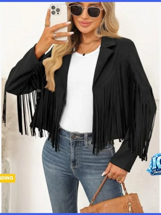 Cropped Faux Suede Leather Fringe Jacket Western Biker Moto Style - Picture 5 of 6